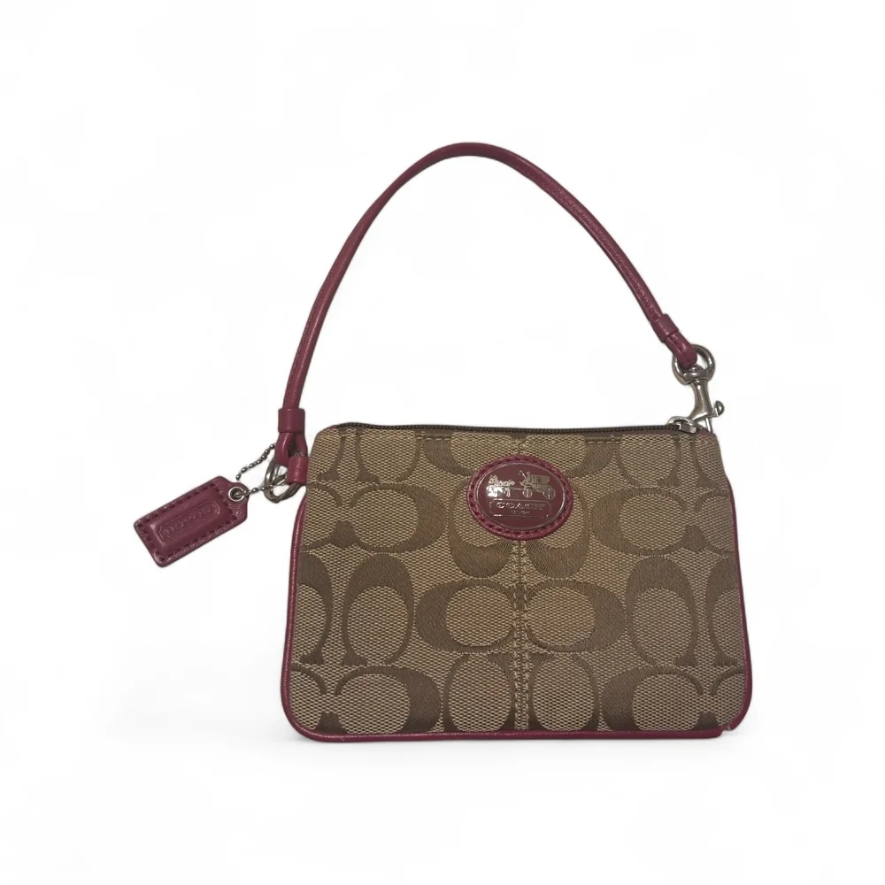 COACH Wristlet Corner Zip Signature Khaki Berry Pink Leather